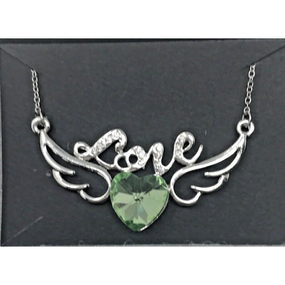 Angel Wing Heart LOVE Pendant Necklace Light Green Crystal 18" Valentines Day